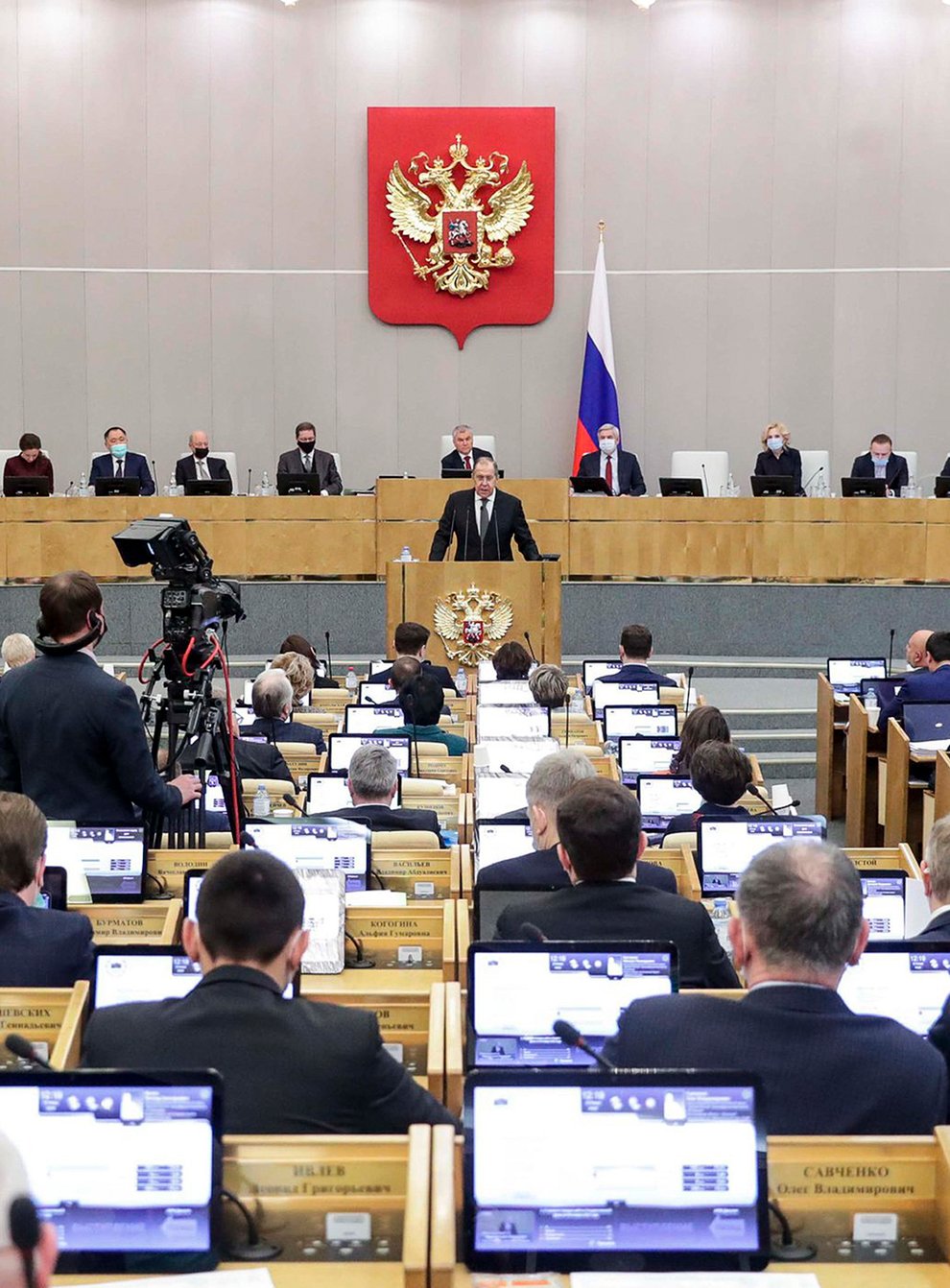 In this handout photo released by The State Duma, The Federal Assembly of The Russian Federation Press Service, Russian Foreign Minister Sergey Lavrov addresses the State Duma, the Lower House of the Russian Parliament in Moscow, Russia, Wednesday, Jan. 26, 2022. Lavrov said he and other top officials will advise President Vladimir Putin on the next steps after receiving written replies from the United States to the demands. Those answers are expected this week — even though the U.S. and its allies have already made clear they will reject the top Russian demands. (The State Duma, The Federal Assembly of The Russian Federation Press Service via AP)