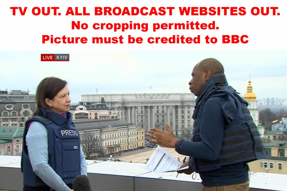 Clive Myrie and Lyse Doucet wearing flak jackets during a broadcast from Kiev in Ukraine (BBC/PA)