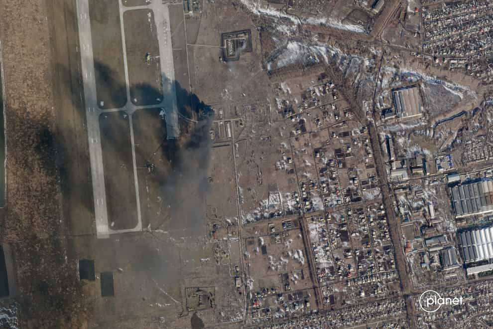 A satellite image appears to show damage to an airfield in eastern Ukraine (Planet Labs PBC)