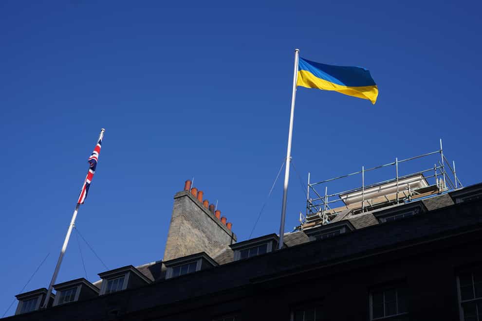 The Ukrainian flag is flown above 10 Downing Street in London, following the Russian invasion of Ukraine. Picture date: Friday February 25, 2022. (Yui Mok/PA)