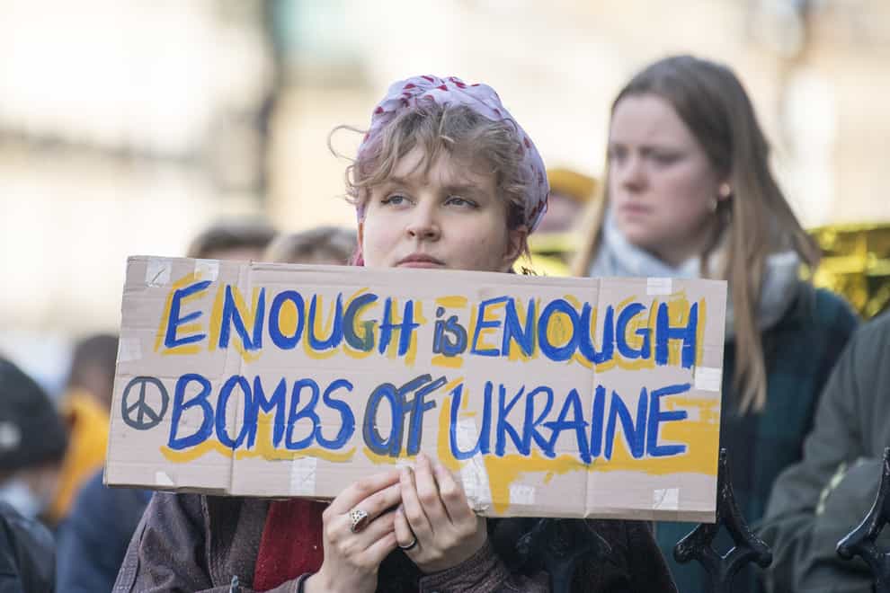 People take part in a demonstration outside the Russian Consulate General in Edinburgh, following the Russian invasion of Ukraine (Lesley Martin/PA)