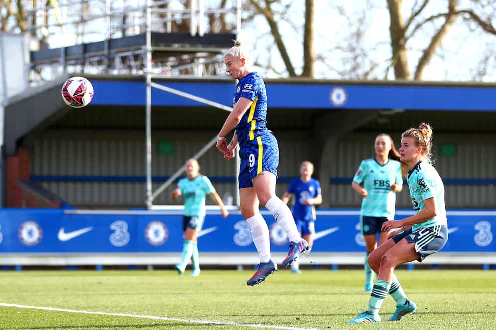 Bethany England scores Chelsea’s final goal in their 7-0 Women’s FA Cup victory over Leicester (Jacques Feeney/PA)