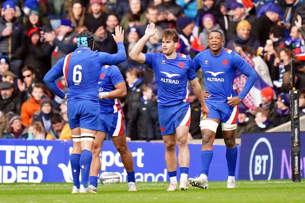 Damian Penaud (centre) scored two tries for France in the 36-17 win over Scotland (Jane Barlow/PA)