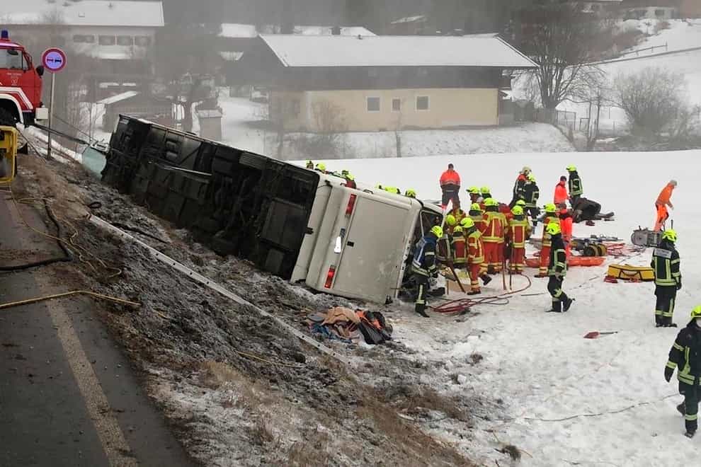 A tourist bus headed for the Austrian Alps crashed on a local highway in Upper Bavaria (Fire Department Traunstein via AP)