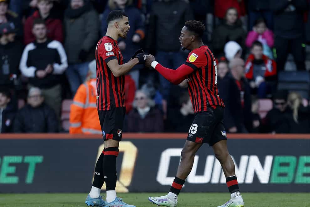 Bournemouth’s Jamal Lowe celebrates with team-mate Dominic Solanke after scoring the winner against Stoke (Steven Paston/PA)