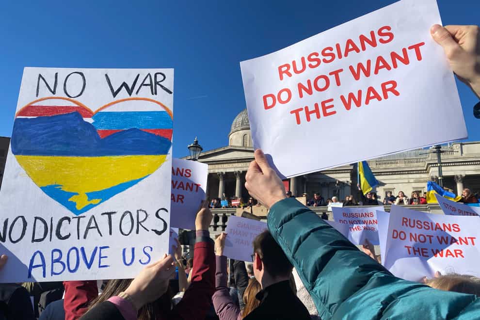 Russian protesters join a rally against Russia’s invasion of Ukraine in Trafalgar Square, London. (PA/Rebecca Speare-Cole)