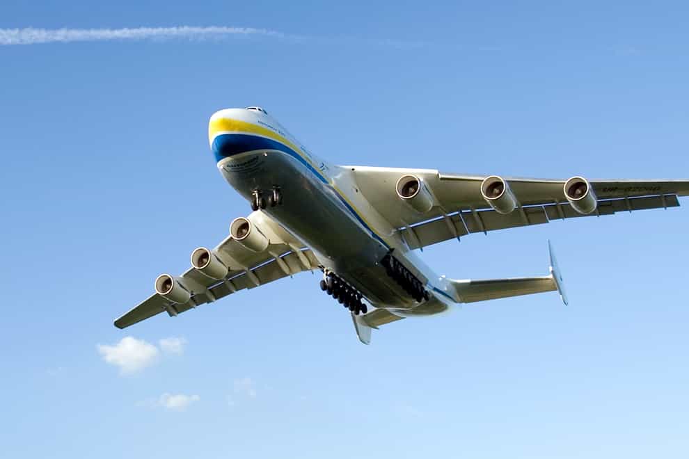The world’s largest aeroplane, the Antonov An-225 Mriya, as it comes in to land at East Midlands Airport (Simon Cooper/PA)