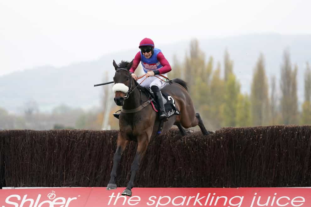 Adrian Heskin riding Threeunderthrufive on their way to winning the mallardjewellers.com Novices’ Chase during day three of the November Meeting at Cheltenham Racecourse (Tim Goode/PA)