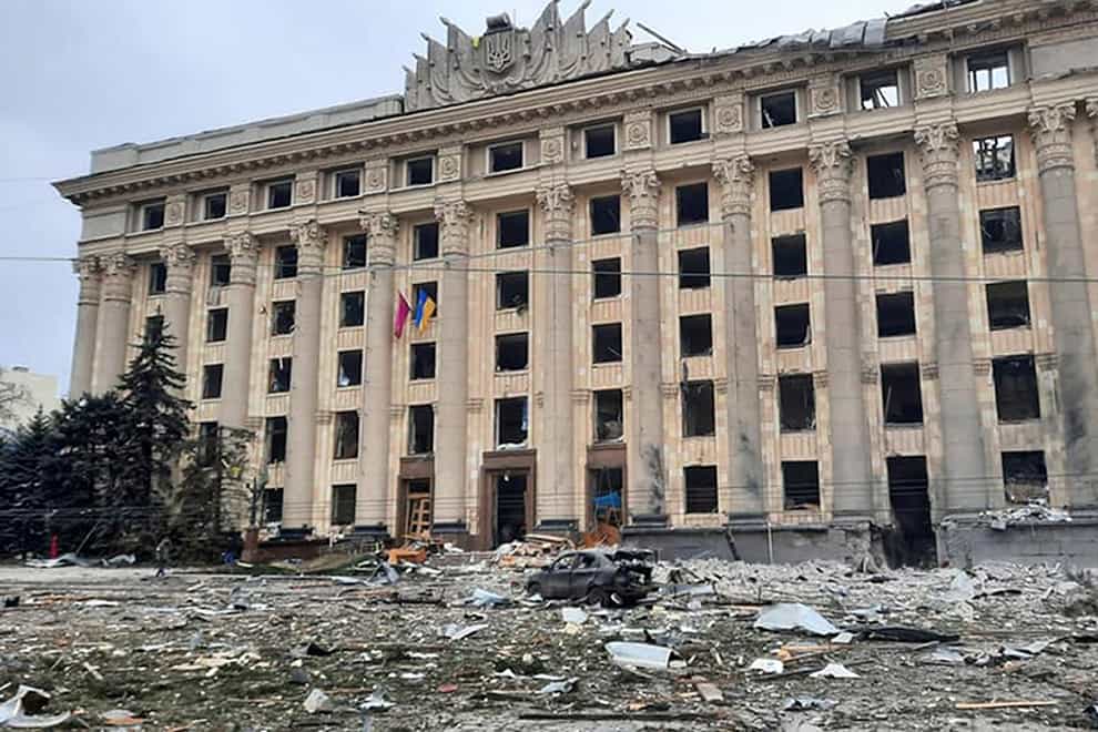 A view of the damaged City Hall building in Kharkiv, Ukraine (Ukrainian Emergency Service/AP)