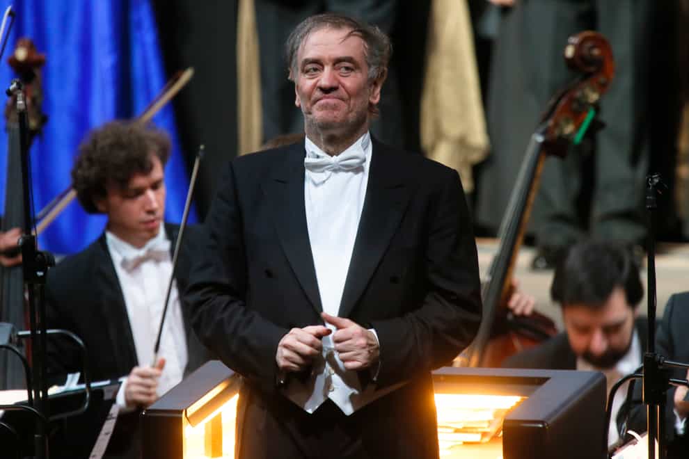 Valery Gergiev looks on after a “pre-premiere” performance, put on for veterans and senior employees of the theatre in the new Mariinsky Theatre (Dmitry Lovetsky/AP)