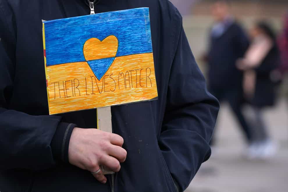 A protest against the Russian invasion of Ukraine in George Square, Glasgow, on February 28. (Andrew Milligan/PA)