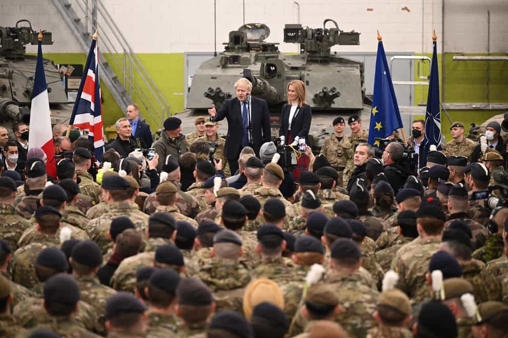 Prime Minister Boris Johnson with Prime Minister of Estonia Kaja Kallas meeting Nato troops after a joint press conference at the Tapa Army Base, Estonia (Leon Neal/PA)