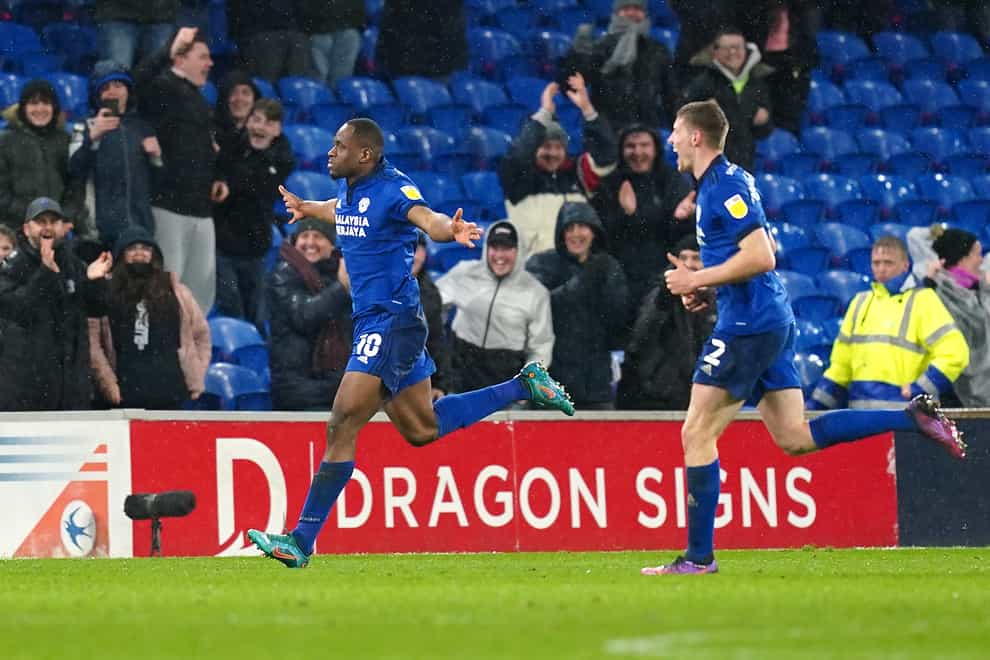 Cardiff’s Uche Ikpeazu (left) celebrates scoring a late winner in the 1-0 victory over Derby (David Davies/PA)