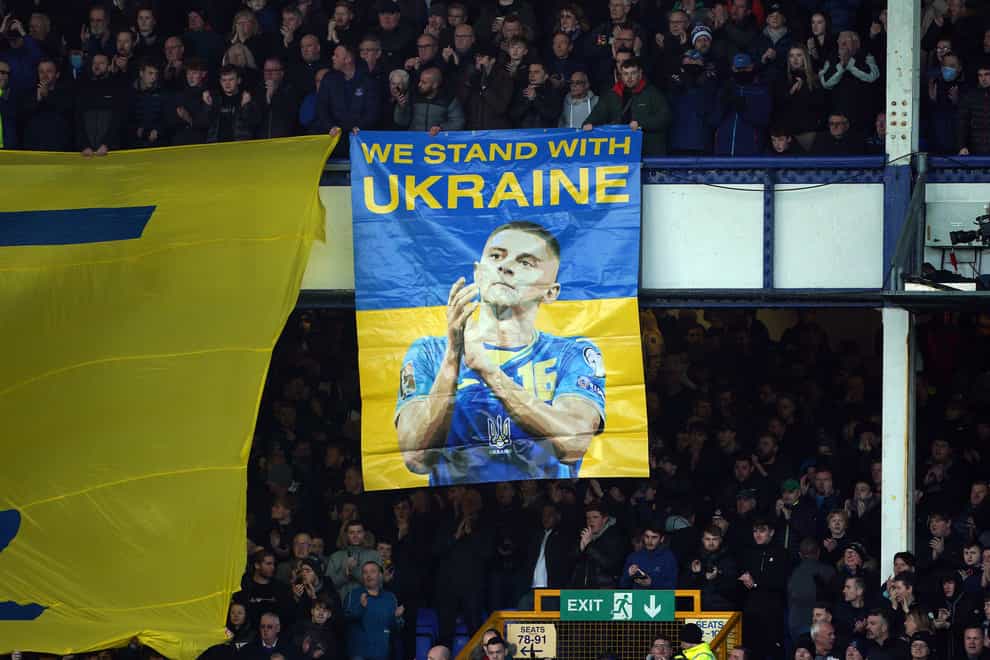 A banner in support of Everton’s Vitaliy Mykolenko and Ukraine before the Premier League match against Manchester City (Peter Byrne/PA)
