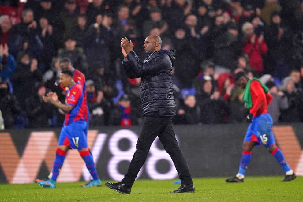 Crystal Palace manager Patrick Vieira applauds the fans after the 2-1 win over Stoke (Adam Davy/PA)