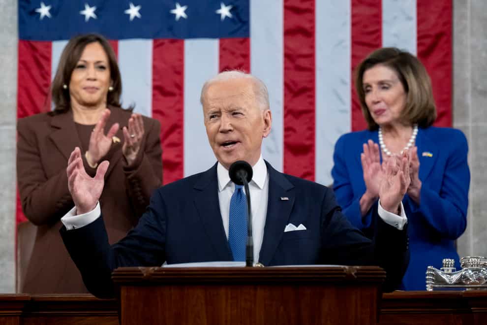 Addressing a concerned nation and anxious world, US President Joe Biden vowed in his first State of the Union address on Tuesday night to check Russian aggression in Ukraine, announcing a ban on Russian planes in US airspace (Saul Loeb/AP)