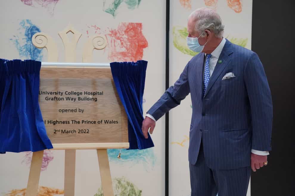The Prince of Wales unveils a plaque during a visit to open University College Hospital’s new flagship cancer and surgery building in London (Jonathan Brady/PA)