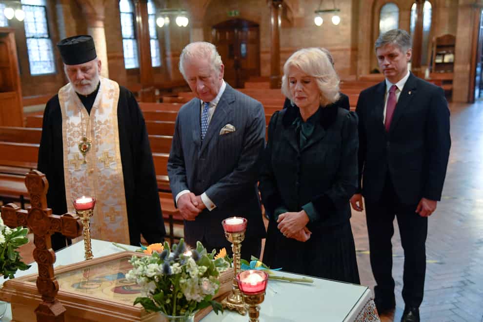 The Prince of Wales and Duchess of Cornwall meet members of the Ukrainian community during a visit to the Ukrainian Catholic Cathedral in London (Jamie Lorriman/The Daily Telegraph/PA)
