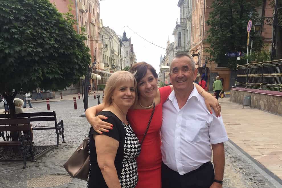 Nataliya O’Connor, a mother-of-who from Ukraine who lives in Dublin, with her parents Vasyl and Anastasia Rusal, who run a makeshift rescue centre in west Ukraine.Picture supplied by Nataliya O’Connor.