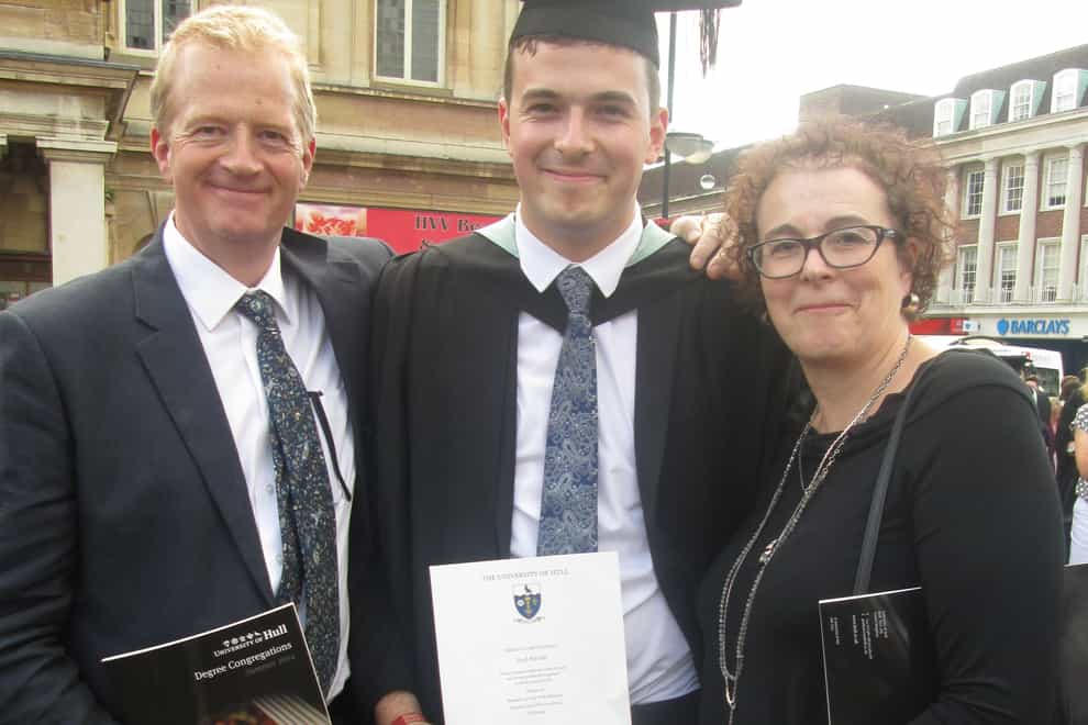 Jack Ritchie at his graduation with his parents Charles and Liz Ritchie. (Gambling With Lives/PA)