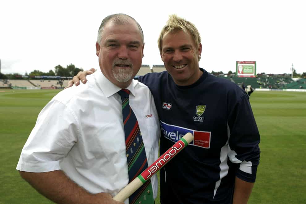 Mike Gatting with Shane Warne after he reached 600 Test wickets during the 2005 Ashes (Phil Noble/PA)