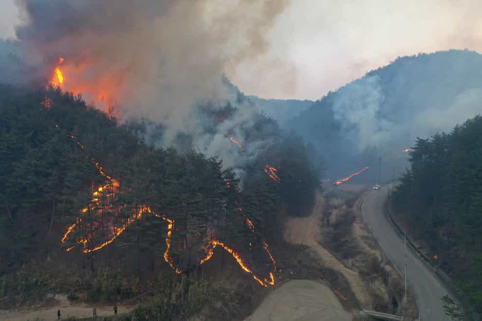Nearly 2,000 firefighters and troops battled the blaze (Yonhap via AP)