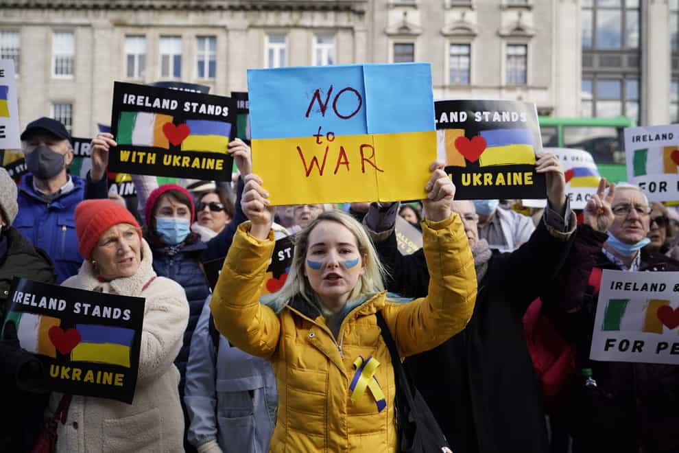 People on O’Connell Street in Dublin protest against the Russian war in Ukraine (PA)