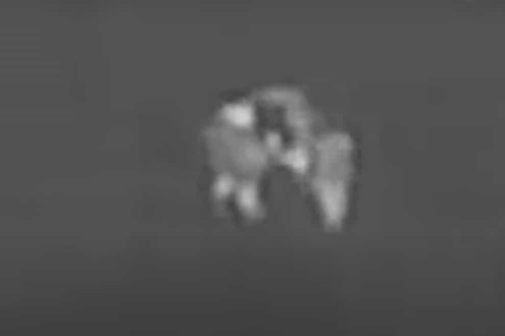 Footage from a thermal imaging camera on a drone shows the moment two women were saved by a police officer after getting stuck in a swamp at night (West Midlands Police Video/PA)