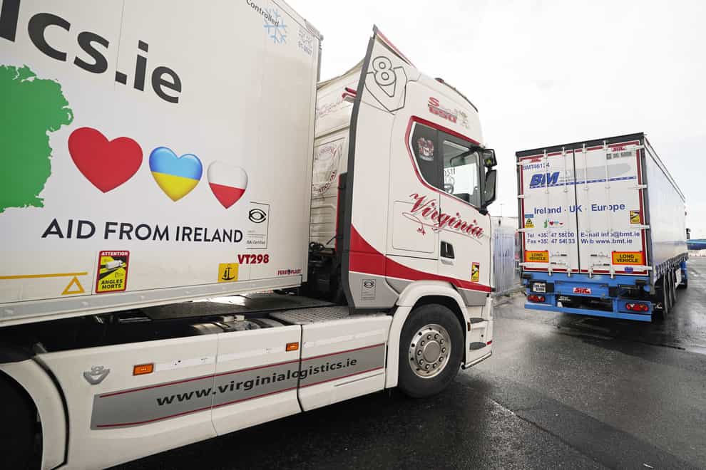Trucks from the Aid From Ireland organisation leave Dublin port with 500 tonnes of aid destined for Ukraine (Niall Carson/PA)