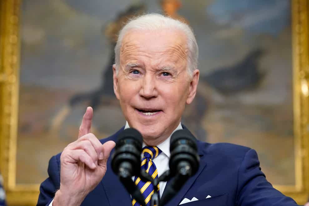 President Joe Biden announces a ban on Russian oil imports, toughening the toll on Russia’s economy in retaliation for its invasion of Ukraine, Tuesday, March 8, 2022, in the Roosevelt Room at the White House in Washington. (AP Photo/Andrew Harnik)