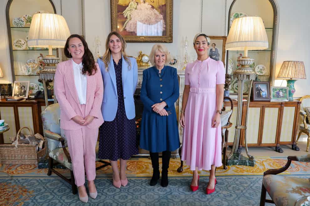 The Duchess of Cornwall, hosts Kat Cordiner, Abby Johnston and Charlotte Irving, members of rowing ‘Team ExtraOARdinary’, at Clarence House, London, after they rowed for 42 days, seven hours and 17 minutes at sea: a full seven days faster than the previous world record for a female trio in the Talisker Whisky Atlantic Challenge. Picture date: Tuesday March 8, 2022.