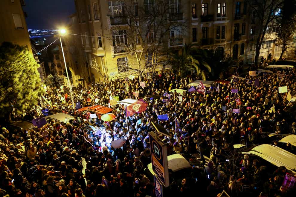 Protesters during a march to mark International Women’s Day in Istanbul (Emrah Gurel/AP)
