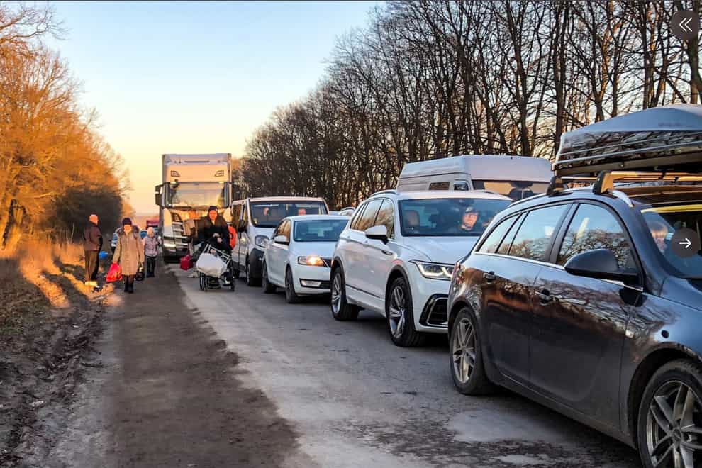 Refugees fleeing the Ukrainian city of Lviv towards the Polish border (Taken with permission from Manny Marotta’s Twitter feed)