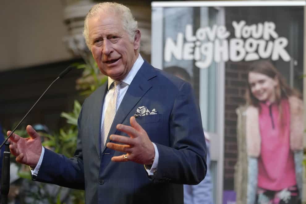 The Prince of Wales speaks during a visit to St Luke’s Church, Earl’s Court, west London, to learn about the work of Holy Trinity Brompton in supporting refugees and asylum seekers (Kirsty Wigglesworth/PA)