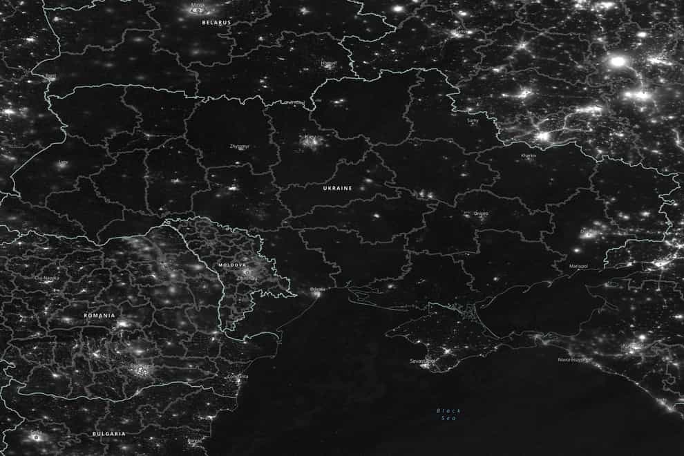 Imagery captured by Nasa on March 8 shows the reduction in light emitted from Ukraine (Nasa/PA)