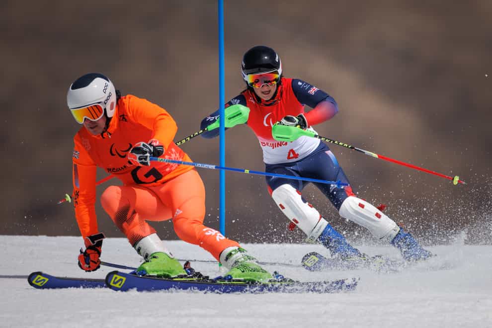 Menna Fitzpatrick and her guide Katie Guest competing in the women’s slalom vision impaired’ (Simon Bruty/OIS/PA/Handout)
