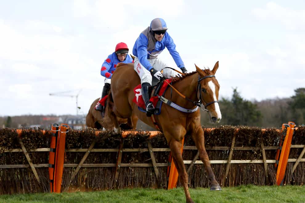 Hasty Parisian ridden by jockey Kevin Jones (right) on their way to winning the Paddy Power Juvenile Handicap Hurdle at Sandown racecourse. Picture date: Saturday March 12, 2022.