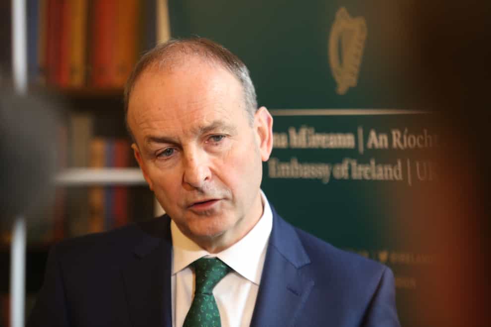 Taoiseach Micheal Martin speaking to the media at the Embassy of Ireland in London, during his visit to the UK (James Manning/PA)
