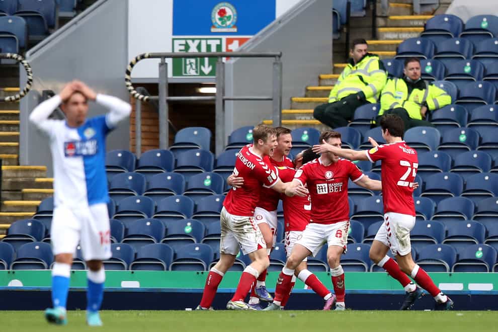 Bristol City’s Andreas Weimann and his team-mates celebrate the winner at Blackburn (PA)