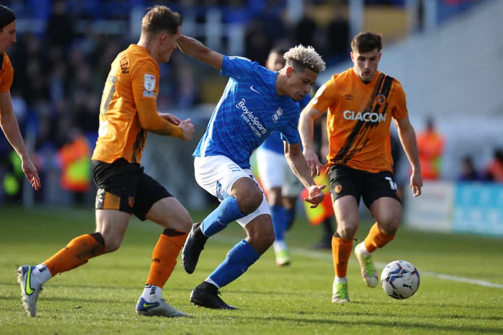 Birmingham’s Lyle Taylor battles with Hull’s Sean McLoughlin (Nigel French/PA)