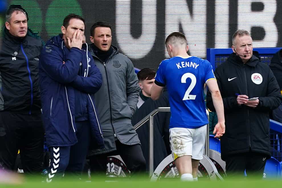 Jonjoe Kenny’s red card capped a miserable afternoon for Everton manager Frank Lampard after defeat to Wolves pushed them closer to relegation (Martin Rickett/PA)