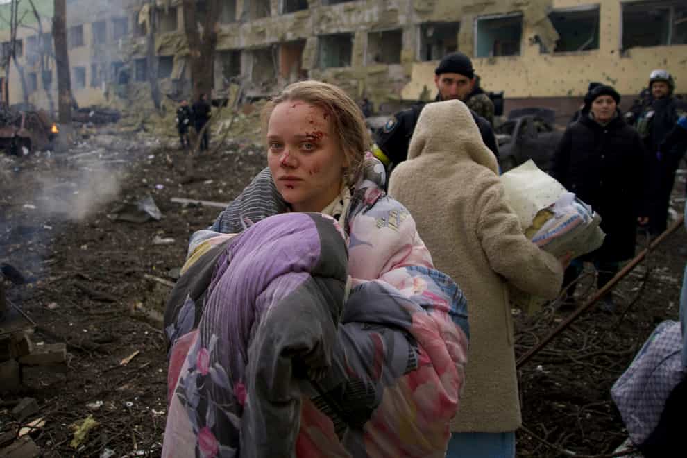 Mariana Vishegirskaya stands outside a maternity hospital that was damaged by shelling in Mariupol, Ukraine (Mstyslav Chernov/AP)