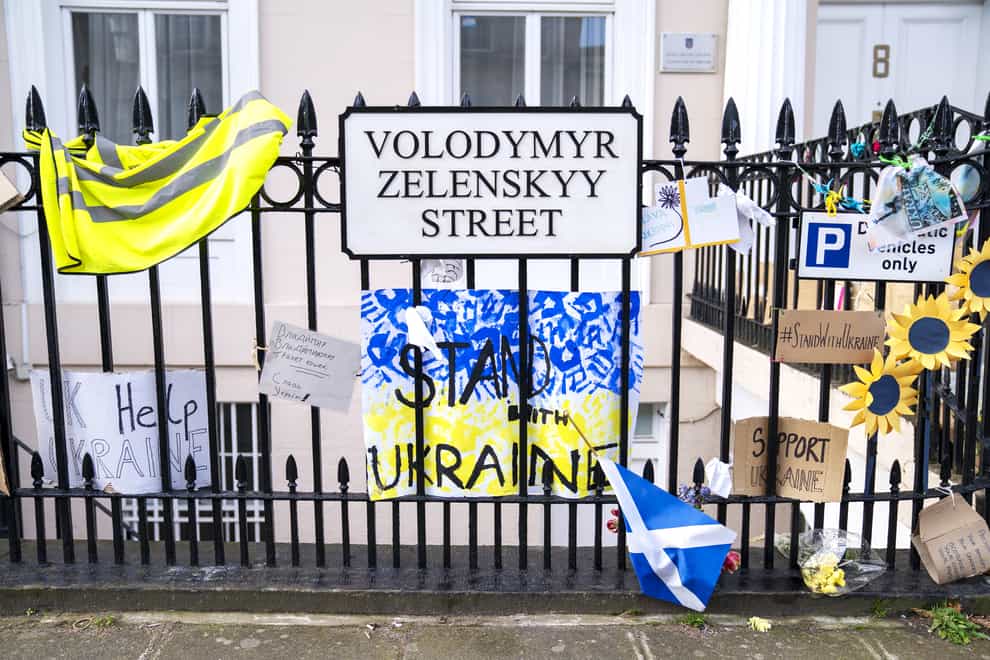 Windsor Street in Edinburgh, where the Ukraine consulate is based, has unofficially been renamed ‘Volodymyr Zelenskyy Street’ as a gesture of solidarity with the president and people of Ukraine following the Russian invasion (Jane Barlow/PA)