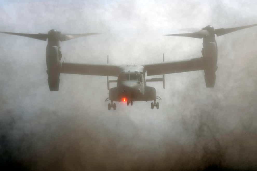 An MV-22 Osprey participates during a joint military helicopter borne operation drill between Japan Ground Self-Defence Force and US Marines at Higashi Fuji range (AP)