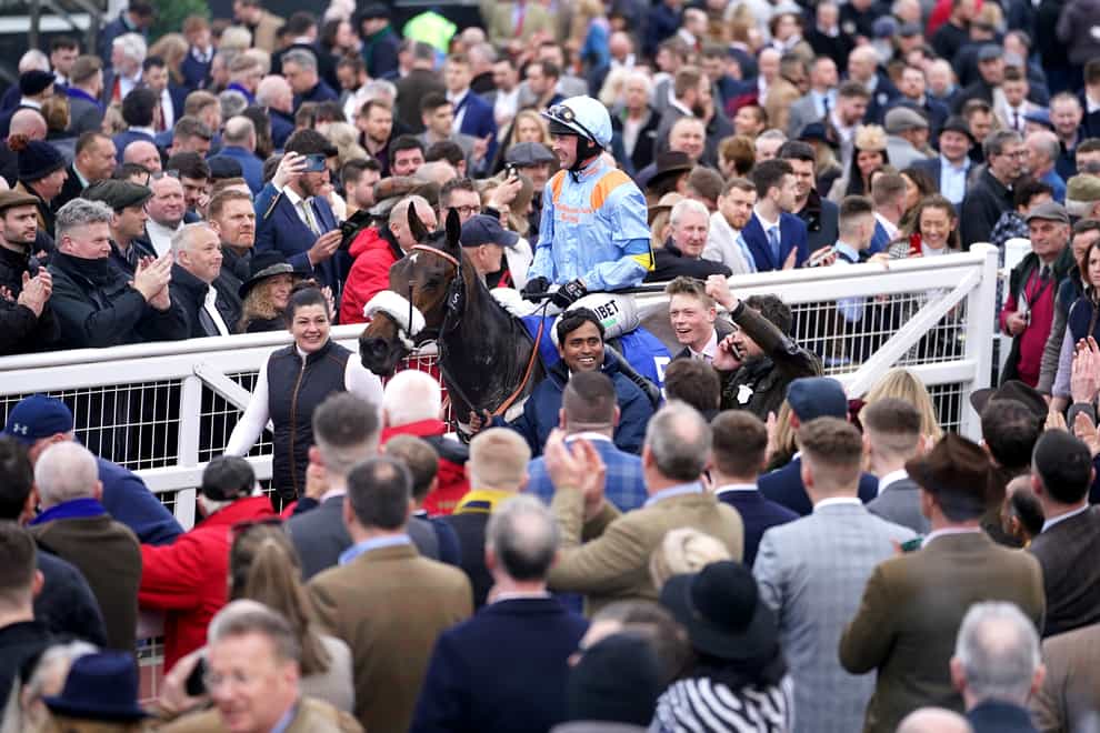Jockey Nico de Boinville on Marie�s Rock reacts as they�re lead back in after winning The Close Brothers Mares� Hurdle during day one of the Cheltenham Festival at Cheltenham Racecourse. Picture date: Tuesday March 15, 2022.