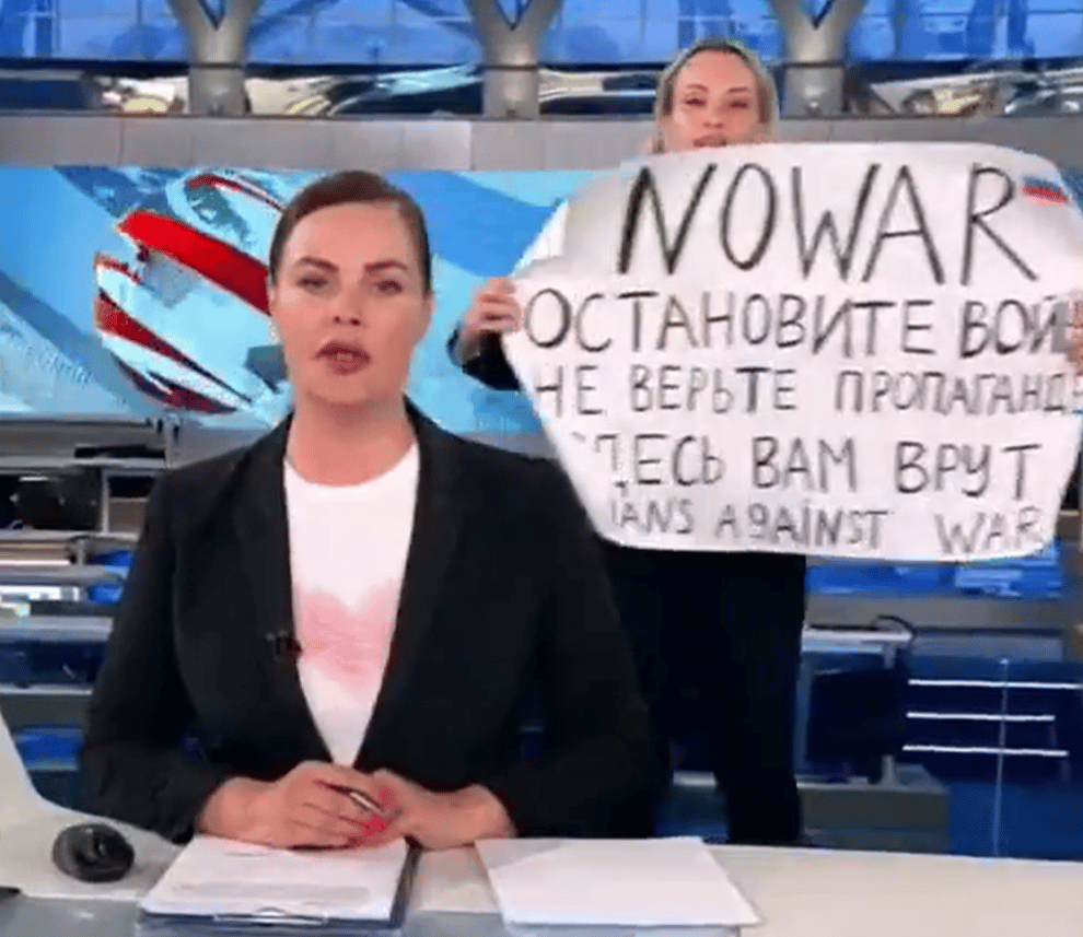 Marina Ovsyannikova during the protest on Russian state TV (Screengrab/PA)