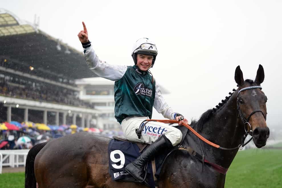 Charlie Deutsch and L’Homme Presse celebrate victory in the Brown Advisory Novices’ Chase (Tim Goode/PA)