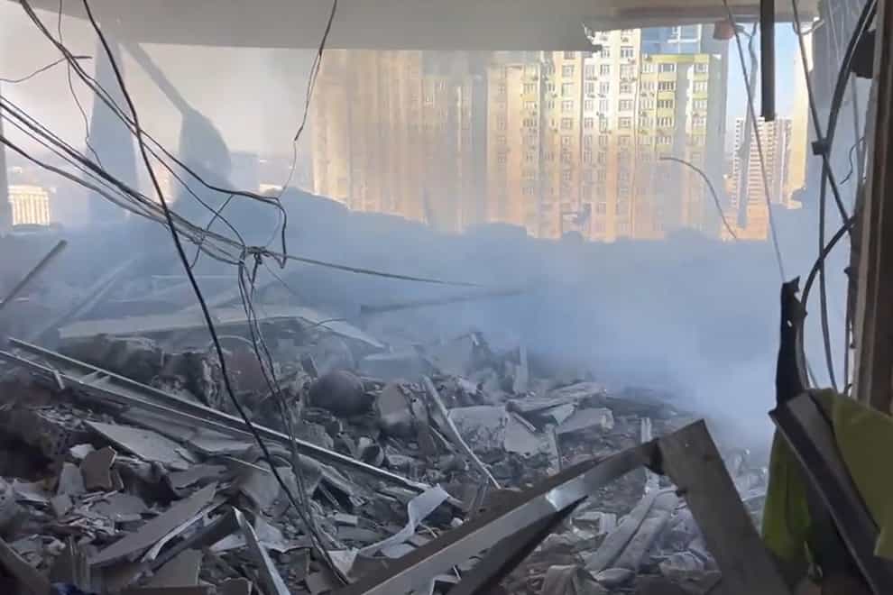 One of the apartments in a high rise building which was struck by a missile in Ukraine’s capital Kyiv (Nabih Bulos/Los Angeles Times)