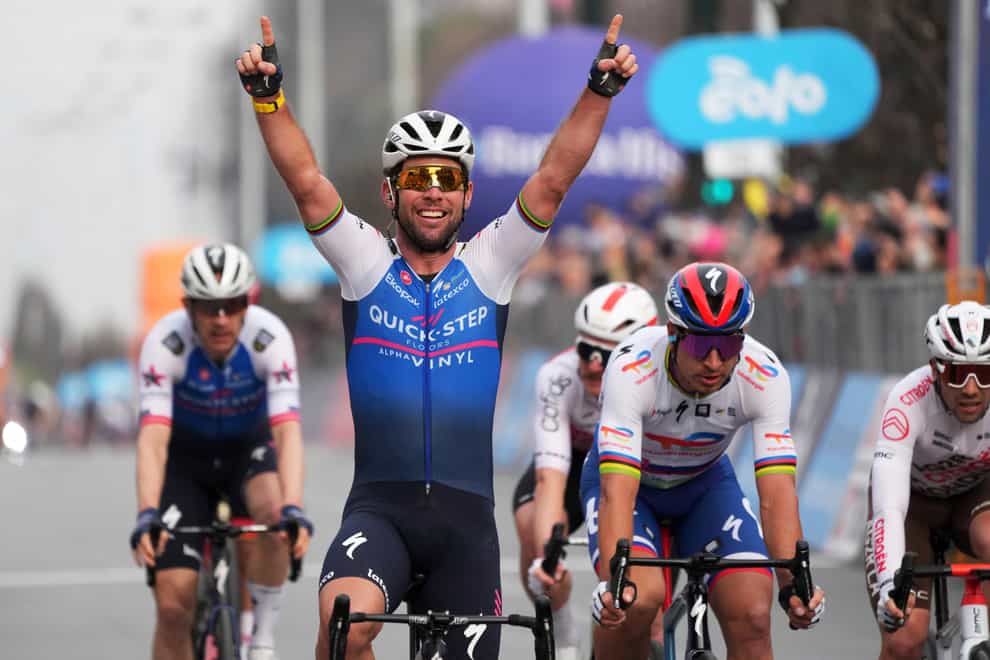 Mark Cavendish celebrates winning Milano-Torino (Gian Mattia D’Alberto/AP)