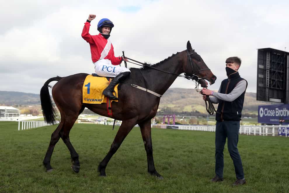 File photo dated 18-03-2021 of Jockey Rachael Blackmore celebrates after winning the Ryanair Chase on Allaho during day three of the Cheltenham Festival at Cheltenham Racecourse. Allaho and Envoi Allen could potentially lock horns in what would be a mouthwatering clash for the John Durkan Memorial Punchestown Chase. Issue date: Friday November 19, 2021.